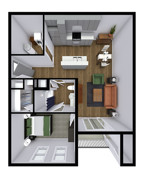 Floor plan for 1 bed, 1 bath, 784 sqft